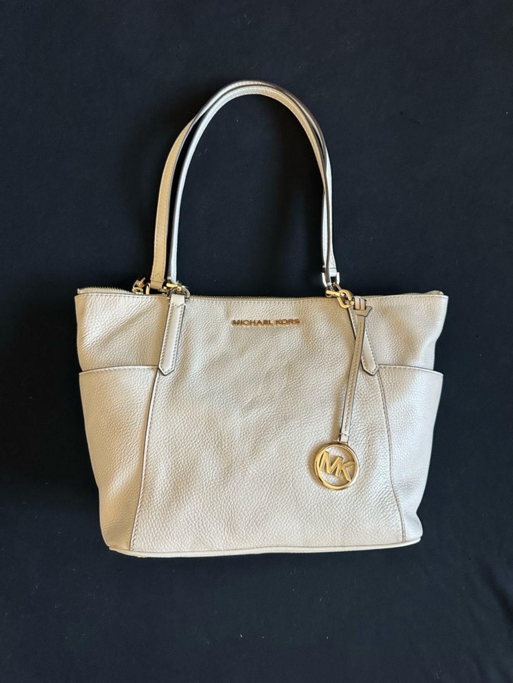 Michael Kors Pebbled Cream / ivory Leather east west Tote with Gold MK Charm